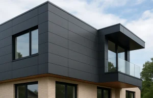 modern home exterior elevation featuring sleek black ACP sheet cladding with glass balcony