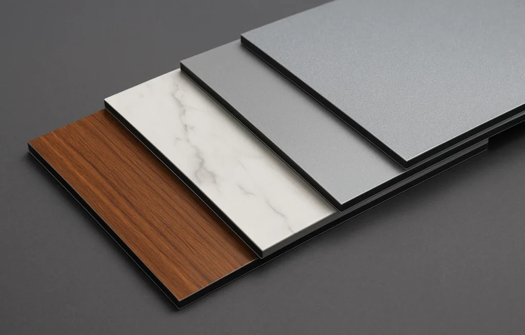 Four different types of ACP sheets showing wooden, marble, matte, and metallic finishes on a dark background