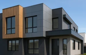 Modern ACP sheet front elevation design with wood and grey panel finish on a contemporary house