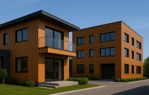 Modern apartment and villa exterior featuring wooden ACP sheet design with balcony and façade cladding