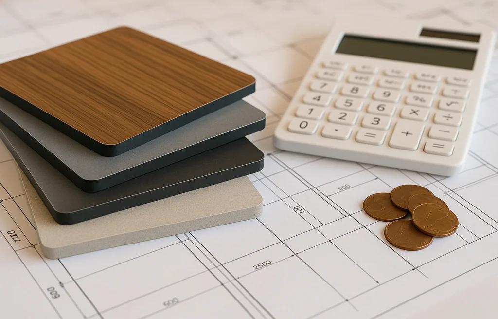 Close-up of HPL sheet samples in different textures placed on architectural blueprints with a calculator and coins, representing HPL sheet price estimation.