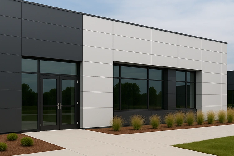 Modern commercial building exterior featuring dual-tone HPL sheet cladding in grey and white combination with glass windows and clean architectural design.