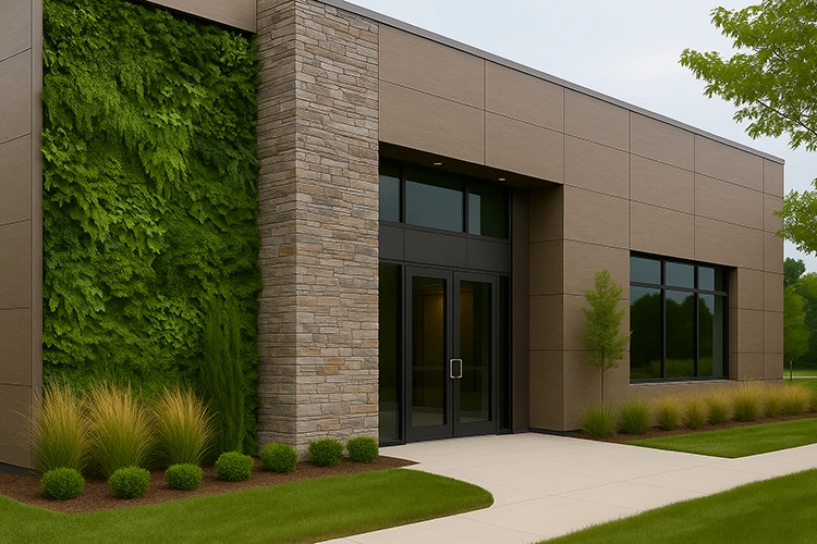 Modern eco-inspired commercial building exterior featuring HPL sheet cladding with vertical greenery, stone textures, and sustainable architectural design.