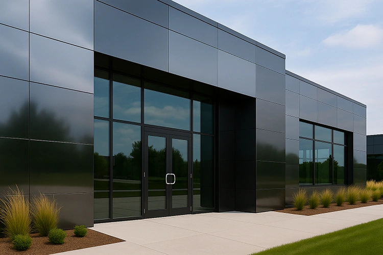 Modern commercial building exterior featuring metallic and glossy HPL sheet façade in dark grey tones with reflective glass windows and sleek design.