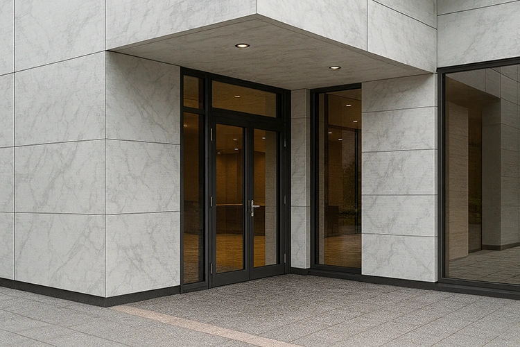 Modern commercial building exterior featuring stone and marble look HPL sheets with sleek façade design and glass windows.