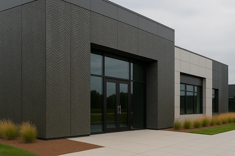 Modern commercial building exterior featuring textured and 3D HPL sheet cladding with geometric patterns and glass entrance design.