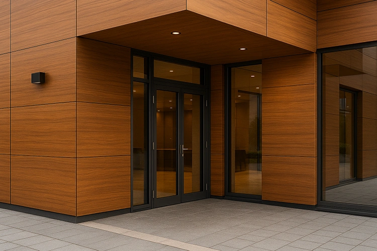 Modern commercial building entrance featuring wooden finish HPL sheet cladding with warm tones and glass door panels.