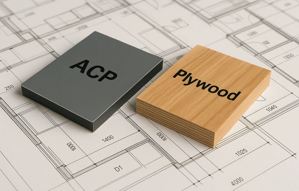 close-up showing ACP sheet and plywood samples placed on architectural blueprints
