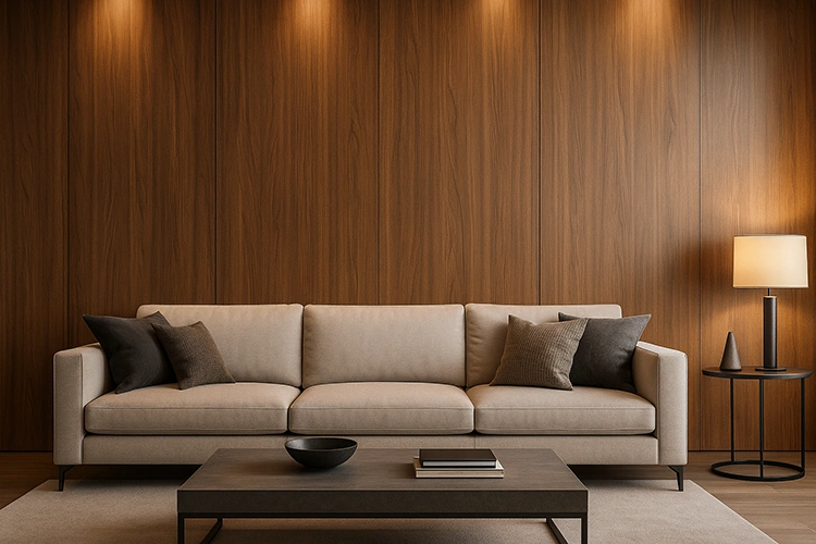 Contemporary living room interior featuring elegant HPL wall panelling with a rich wooden finish, soft lighting, and minimalist décor showcasing modern design aesthetics.
