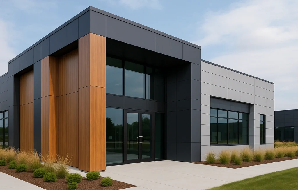 Modern commercial building exterior featuring ACP sheet façade in wood and grey finishes with glass windows and clean architectural lines.