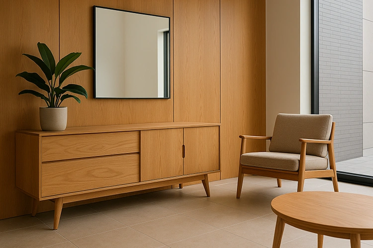 Modern interior room featuring plywood furniture, including a wooden sideboard, armchair, and coffee table with warm natural wood textures.
