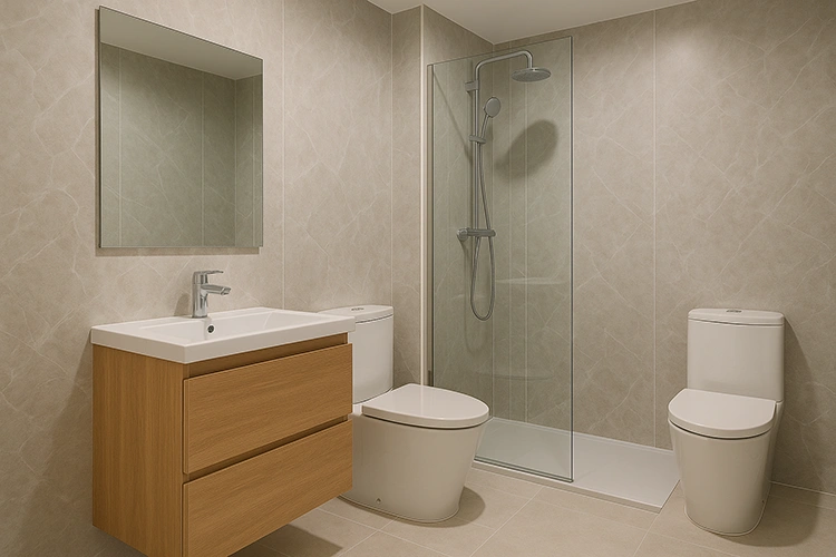 Modern bathroom featuring light beige PVC wall panelling