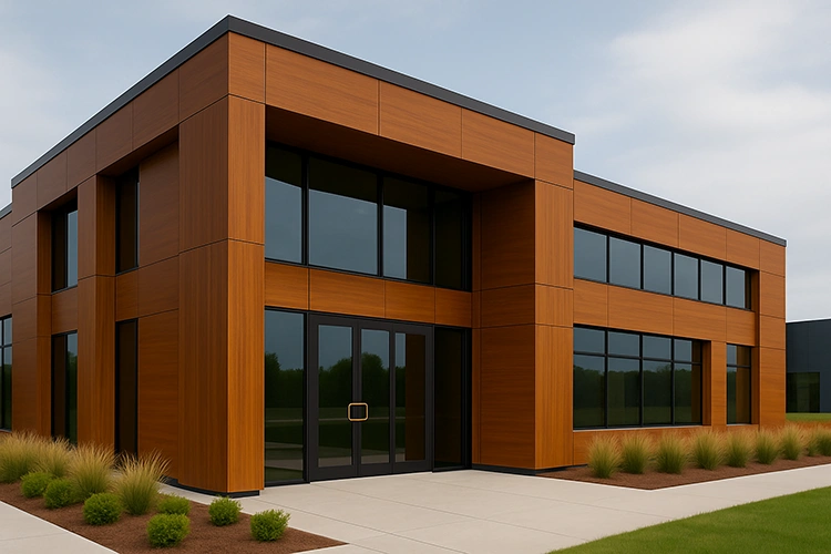 Modern commercial building exterior featuring wooden-finish ACP sheet cladding with large glass windows and clean architectural lines.