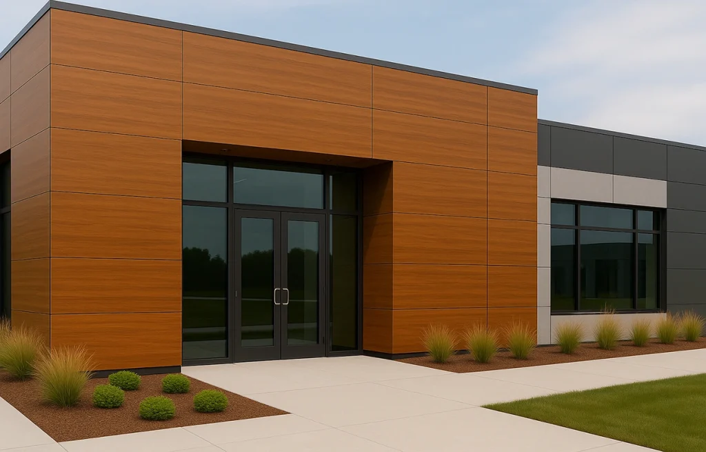 Modern commercial building exterior featuring wooden finish acp sheet cladding in warm brown tones with glass doors and contemporary façade design.