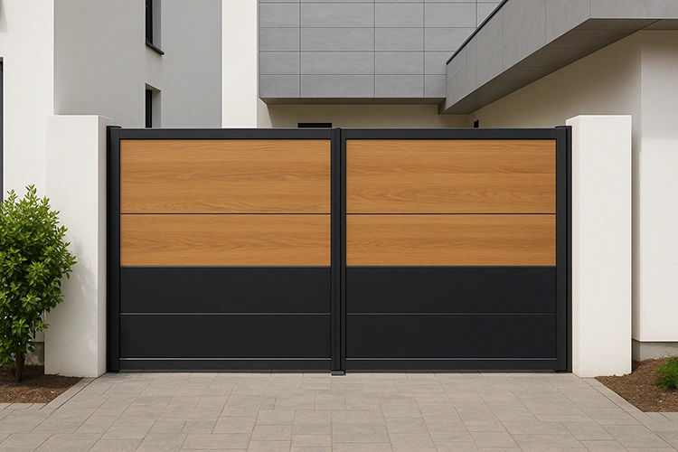 Dual-tone HPL gate design combining wooden texture and matte black panels for a modern home entrance