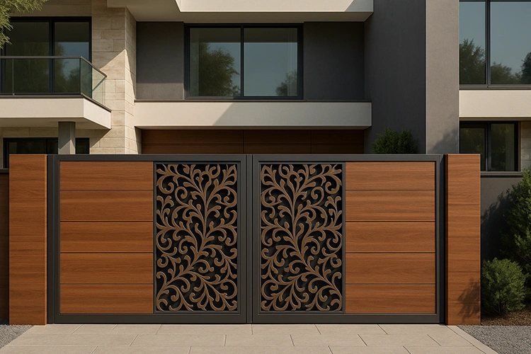 Modern HPL gate design with laser-cut metal patterns and wooden finish for stylish residential entrance