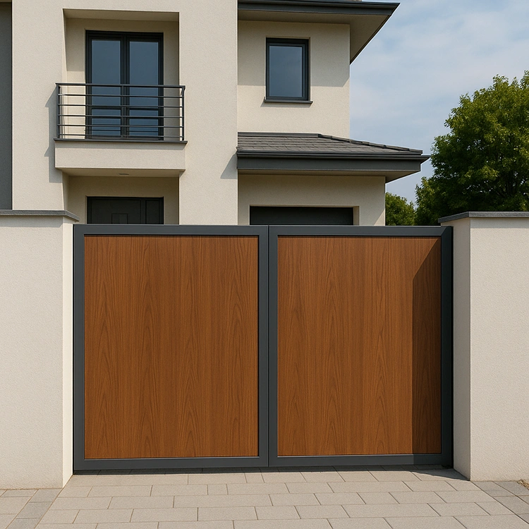 Modern HPL gate with aluminium composite frame offering a premium, rust-resistant entrance for Indian homes