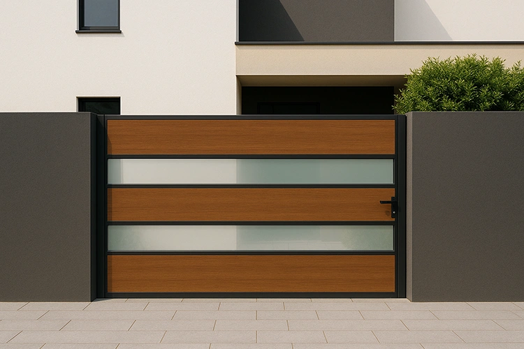 HPL gate design with toughened glass accents creating a premium entrance for a modern luxury home
