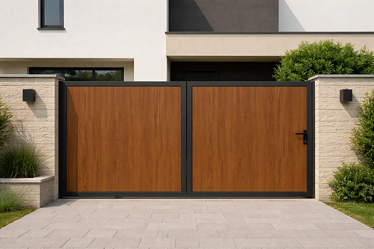 Modern HPL sheet gate with wood finish and aluminium frame at a contemporary home entrance
