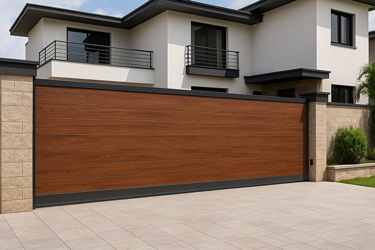Large sliding HPL gate with wooden texture panels designed for wide villa and farmhouse entrances
