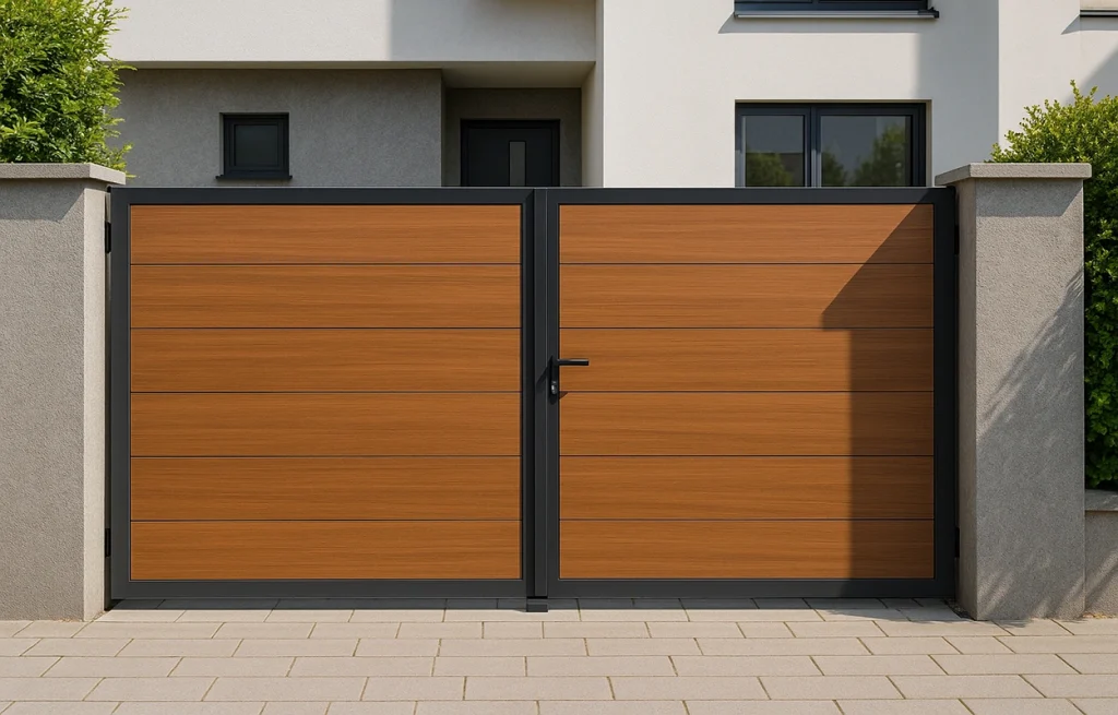 Modern residential entrance featuring a stylish HPL gate with wood-finish panels and a sleek contemporary design for Indian homes.