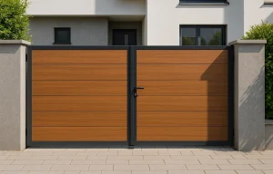Modern residential entrance featuring a stylish HPL gate with wood-finish panels and a sleek contemporary design for Indian homes.