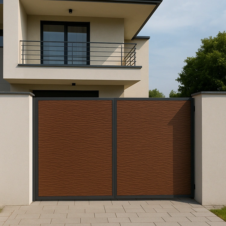Patterned 3D texture HPL gate design enhancing a modern residential façade with a bold statement look