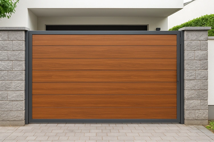 Sleek horizontal panel HPL gate design for a modern Indian home with a minimalist façade