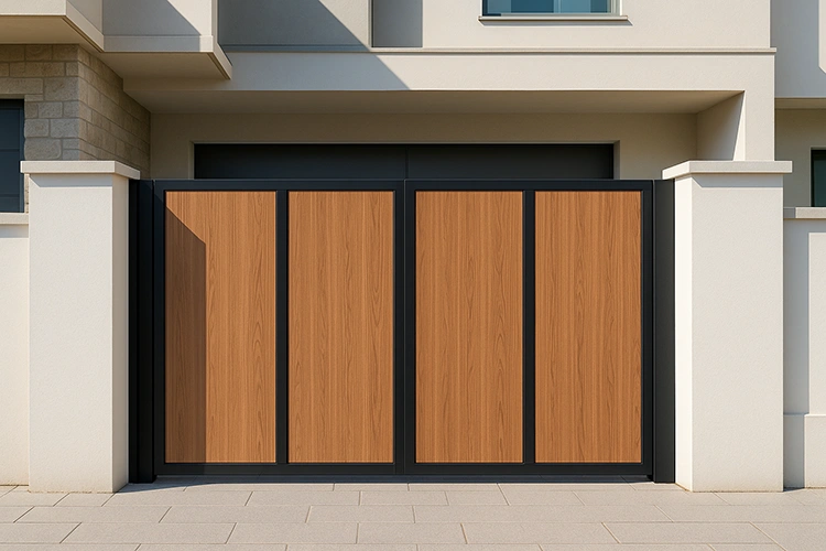 Vertical HPL gate design with metallic accents for a modern urban home entrance