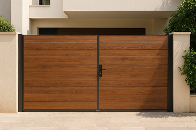 Wooden-texture HPL gate with horizontal panels adding warmth and elegance to a modern residential home in India