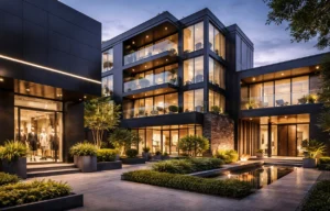 Modern premium building facade designed with black ACP sheets, glass panels, and contemporary architectural lighting