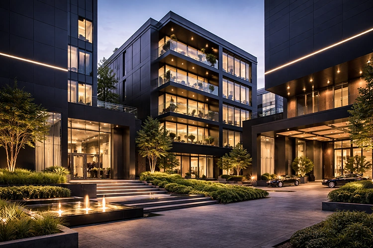 Modern corporate building façade featuring black ACP sheets with glass curtain walls for premium commercial architecture