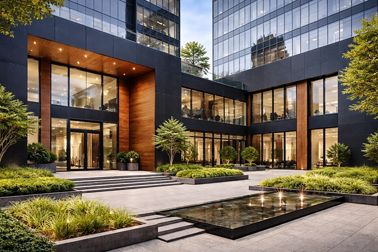 Modern commercial building featuring black ACP façade with wooden texture panels