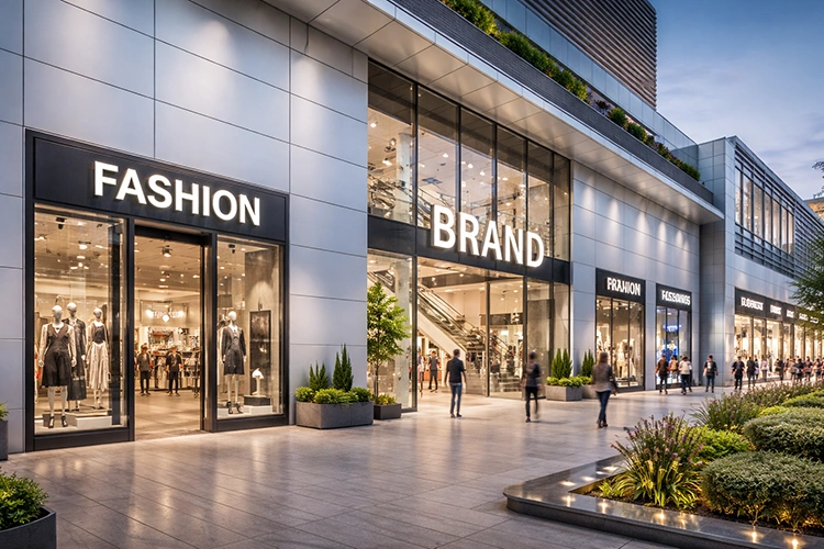 Modern retail store and shopping complex facade designed with silver ACP sheets, glass storefronts, and illuminated brand signage