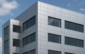 Modern commercial building facade designed with silver ACP sheets showcasing a sleek metallic finish, reflective surface, and contemporary architectural style.