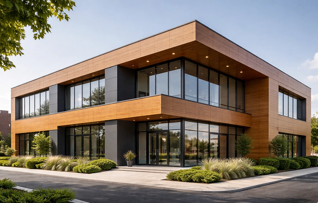 Modern commercial building with wooden ACP sheet cladding, dark grey accents, and large glass windows