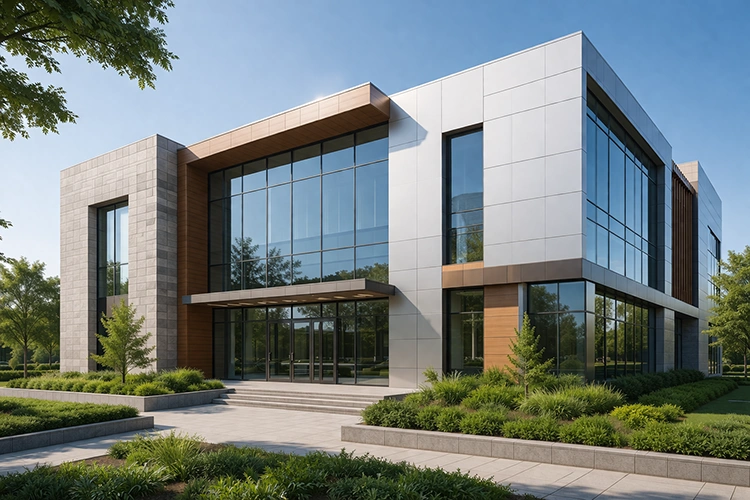 Modern commercial building facade with white ACP panels, glass curtain walls, and wood-finish exterior accents