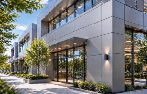 Premium commercial facade with grey ACP panels and clean architectural lines