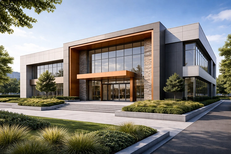 Modern commercial building exterior with grey ACP facade panels, copper-toned entrance frame, glass frontage, and landscaped surroundings