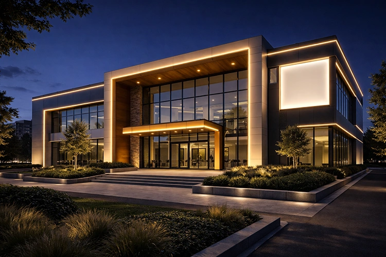 Modern office exterior featuring illuminated ACP cladding and landscape lighting