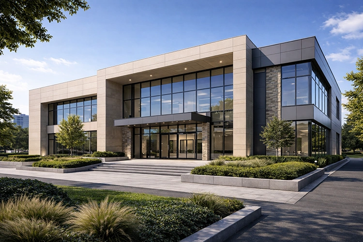 Modern office exterior featuring ACP facade panels and landscape design