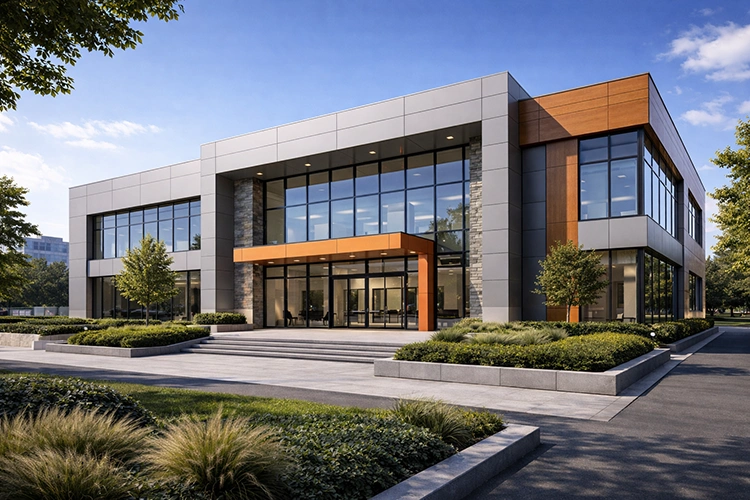 Modern office facade featuring grey ACP panels, orange entry frame, and landscape design