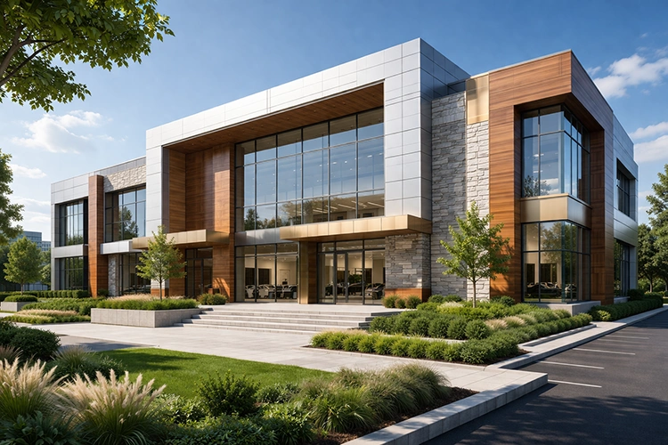 Premium commercial building exterior featuring ACP facade and wood-finish detailing