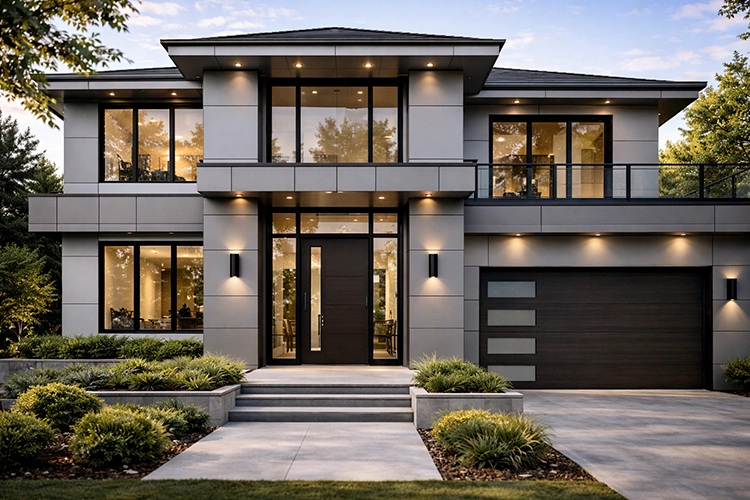 Contemporary house front elevation featuring grey ACP sheet exterior cladding