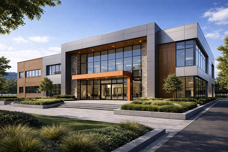 Modern office facade featuring grey ACP panels, wood-finish detailing, and landscaped entrance