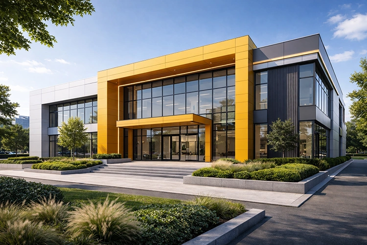 Modern office facade featuring yellow ACP panels and landscape design