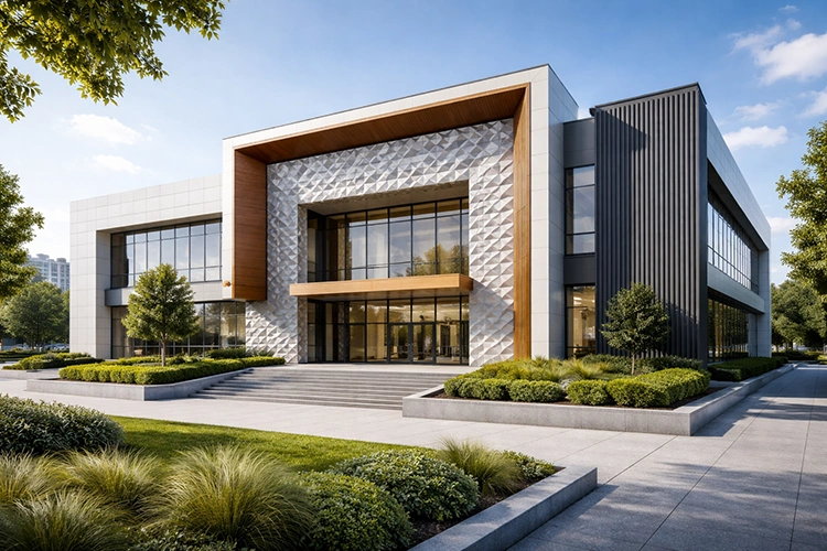 Premium office exterior featuring 3D ACP panel elevation and landscaped entrance