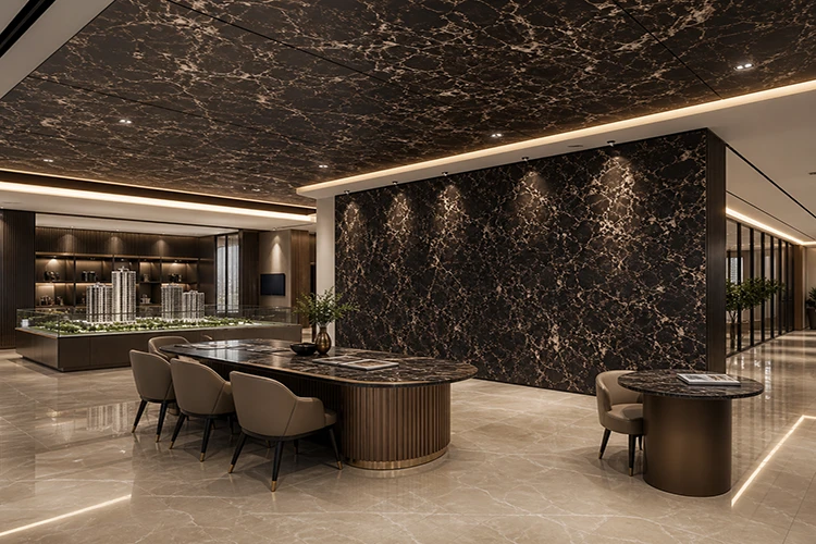 Luxury showroom customer interaction zone with ceiling-to-wall ACP sheet design