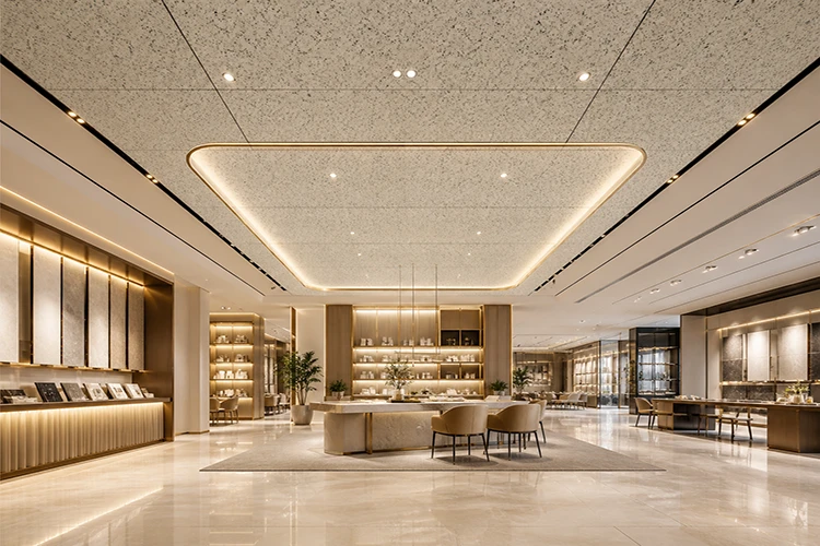 Premium showroom customer interaction zone with feature ACP sheet ceiling