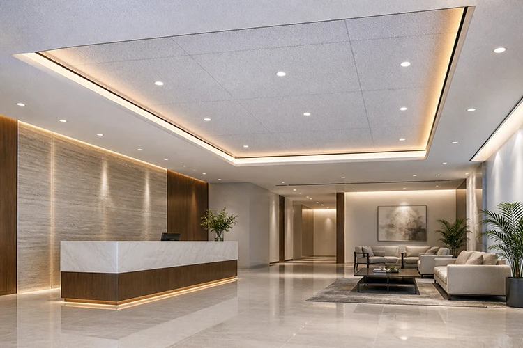 Premium reception interior with floating tray ACP sheet ceiling